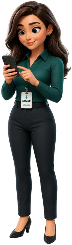 Ilustração da Claudia, a agente de IA recepcionista da Novax, mexendo no celular.