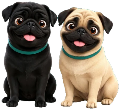 Ilustração dos dois pugs mascotes da Novax, um preto e um caramelo, sentados e sorrindo.