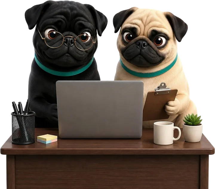 Ilustração dos dois pugs mascotes da Novax em uma mesa, com um laptop e uma prancheta.