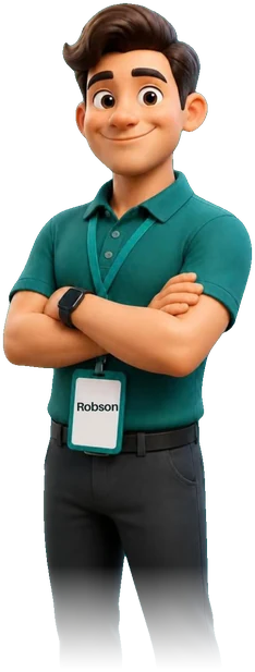 Ilustração do Robson, o agente de IA de prospecção da Novax, de braços cruzados.